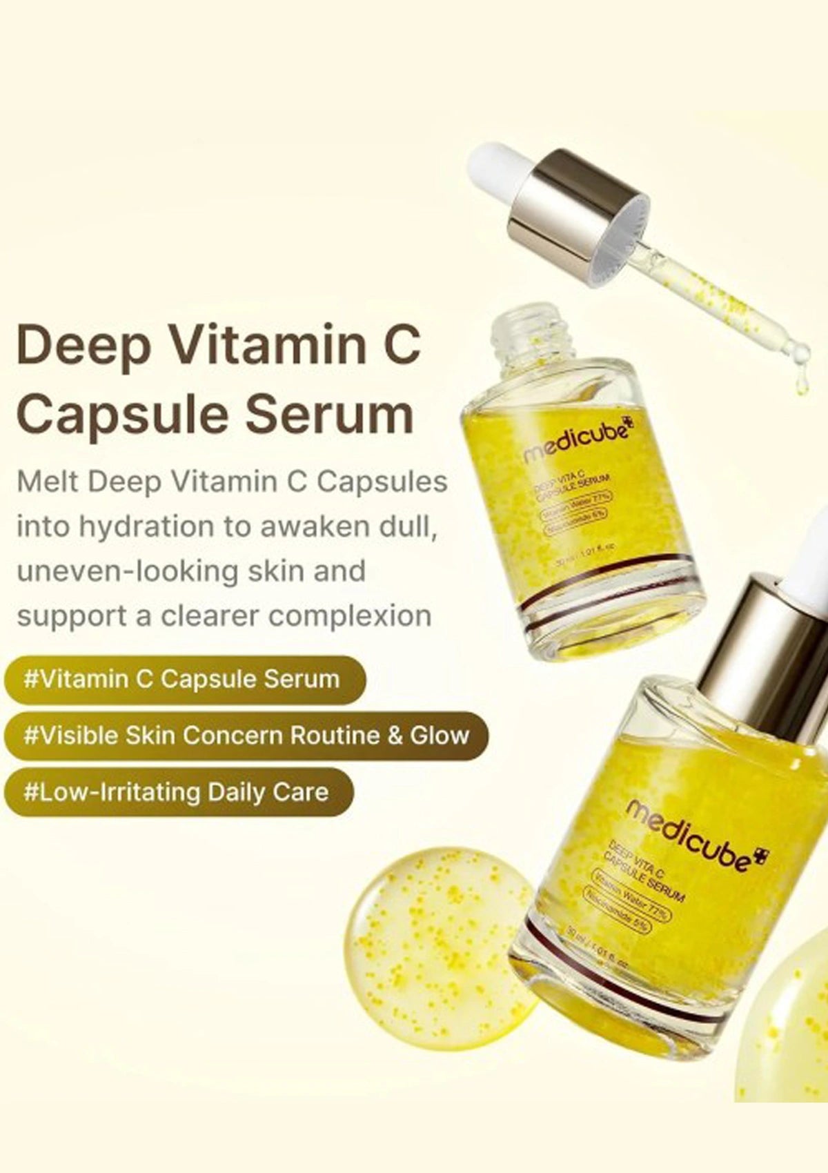 Two bottles of medicube Deep Vitamin C Capsule Serum with text on a beige background